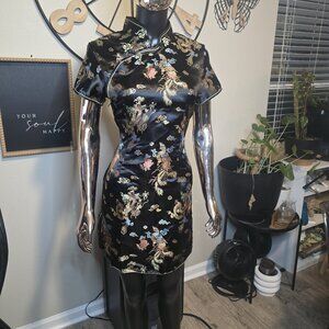 🐉 Black Cheongsam Dress (Gold Floral/Dragon) – Small
